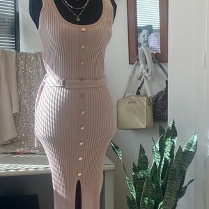 Say What? Blush Ribbed Midi Dress with Gold Accents